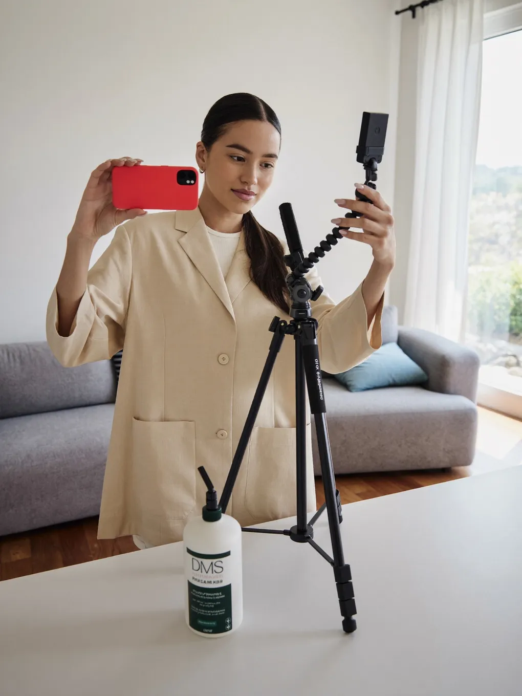 Creatorin filmt sich mit dem Smartphone auf einem Stativ, daneben ein Produkt.