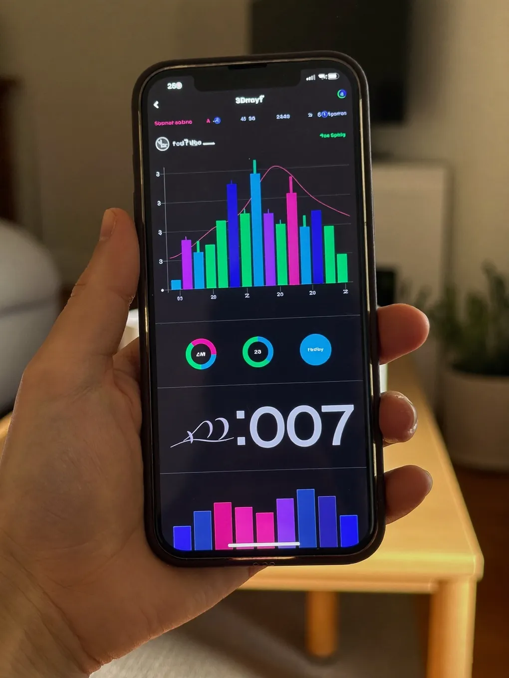 Hand hält ein Smartphone mit einer farbigen Reichweiten-Auswertung.