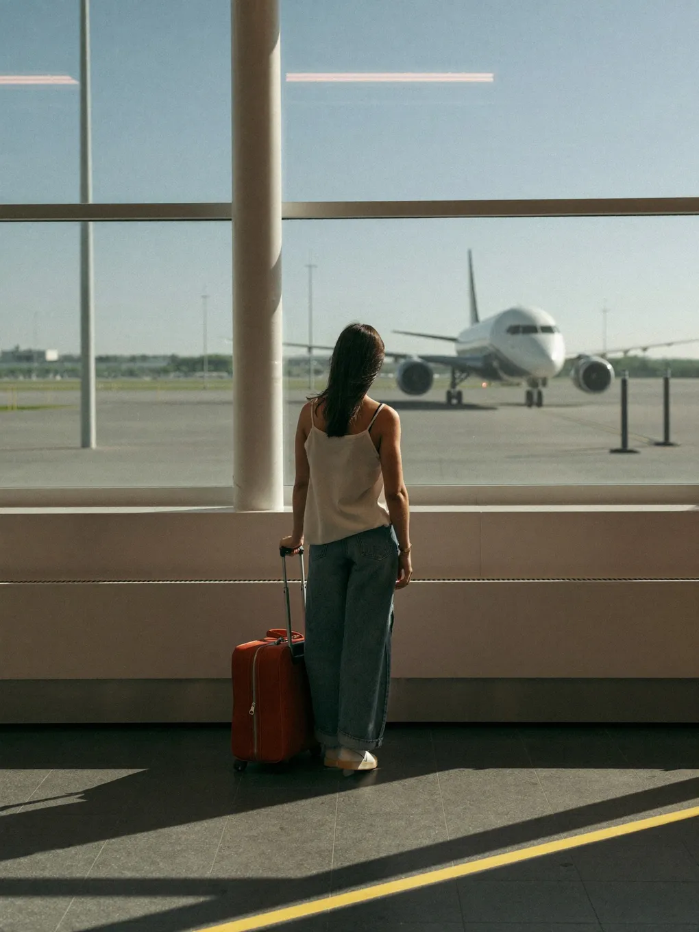 Frau mit Koffer steht am Flughafenfenster, dahinter ein Flugzeug am Gate.