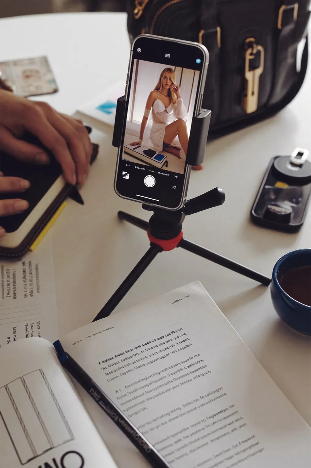 Smartphone auf Tischstativ zeigt ein Modelbild, daneben Notizbuch und Tasche.