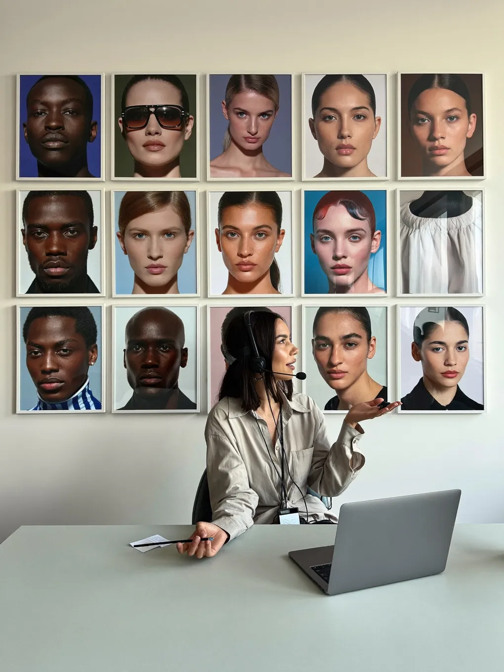 Zwei Frauen am Schreibtisch mit Laptop vor einer Wand mit gerahmten Porträts.