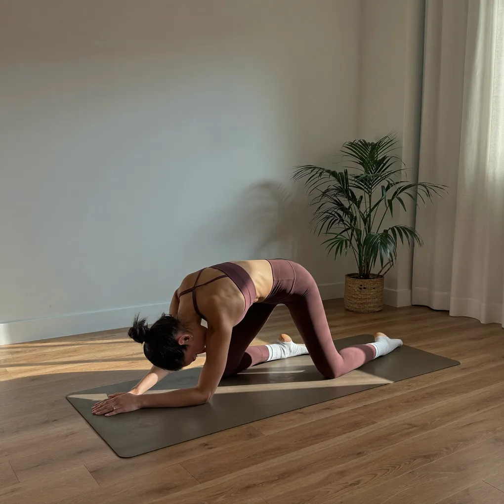 Frau in einer Yogahaltung auf einer Matte in einem hellen Raum.
